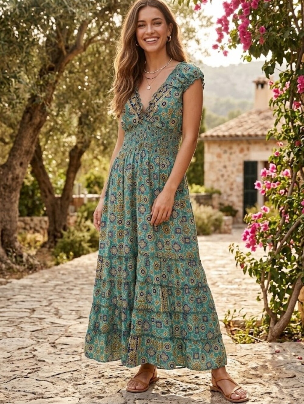 Boemo Boho Teal Printed Ruffle V-Neck Tiered Smocked Waist Maxi Dress Size Large